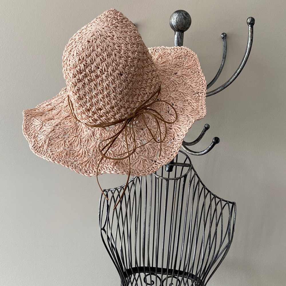 Straw Sun Hat with Bow Trim - Blush Pink - Picture 3 of 9